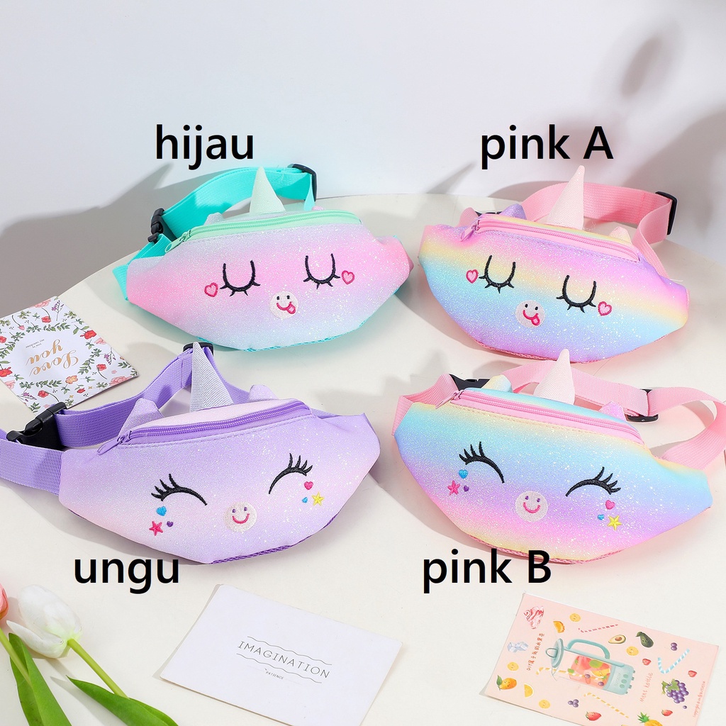 Tas pinggang Glitter unicorn TU055 anak perempuan sd tk waist bag