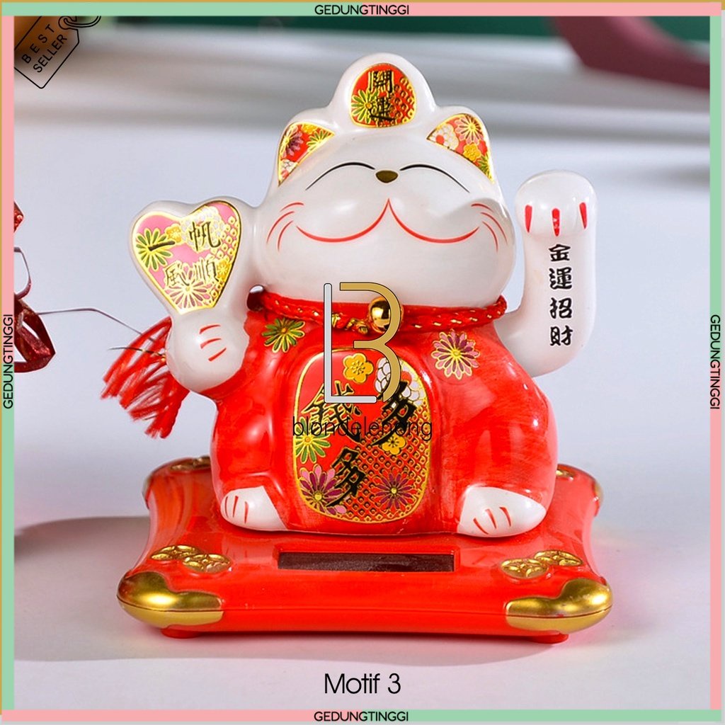 Patung Pajangan Boneka Dekorasi Lucky Cat Maneki Neko Maneko Neki Kalung Kucing Panggil Hoki Keberuntungan Rejeki Rezeki Keramik Cahaya Solar Non Baterai Batre Batrai Tangan Goyang Gerak Dashboard Mobil Toko Kasir Cafe Kecil Mini Lucu Cina Jepang Murah