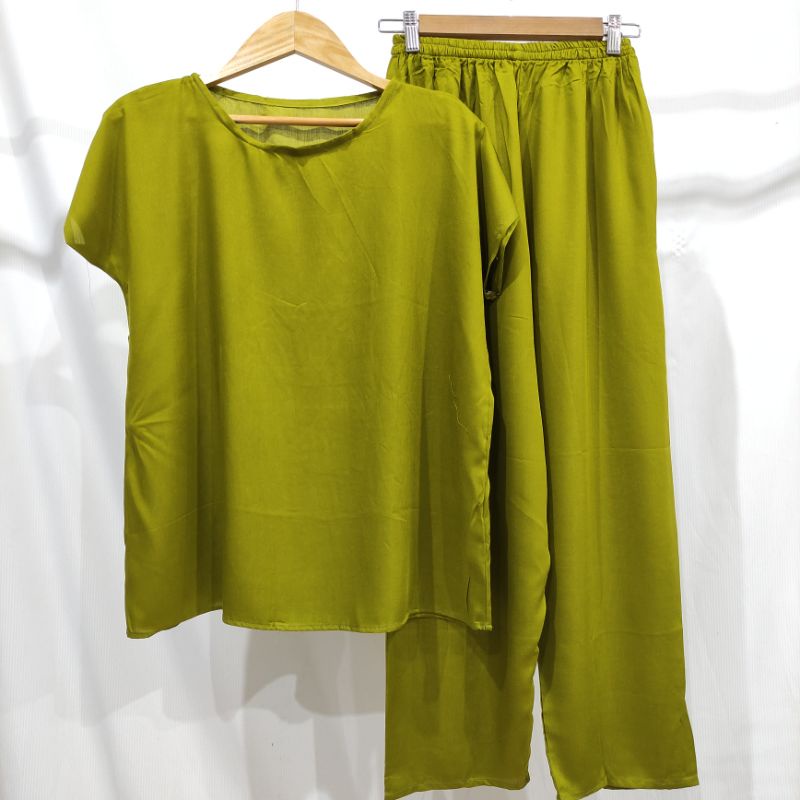 BAJU TIDUR POLOS PIYAMA POLOS CELANA PANJANG LENGAN PENDEK BAHAN RAYON babbydoll-POLOS HIJAU