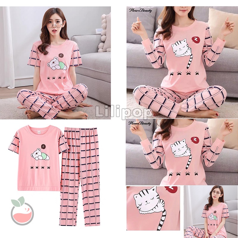 Lilipop.id  Baju Tidur Wanita CP Sleep Cat Setelan Piyama BabyDoll Kaos Celana Panjang