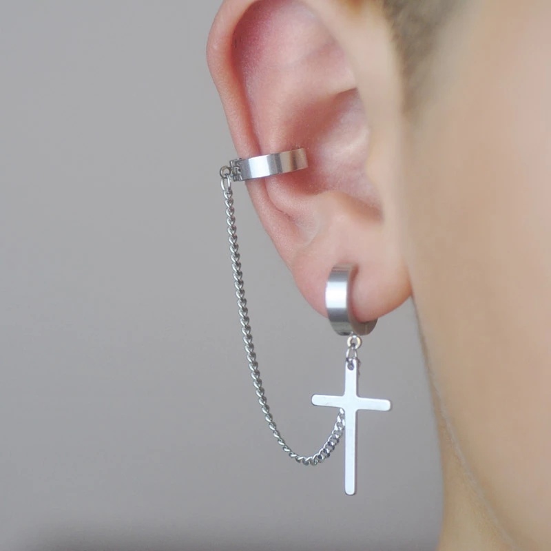 1Pc Pack Punk Stainless Steel Cross Clip Earrings For Teens Women / Vintage Hip Hop Chain Metal Earrings