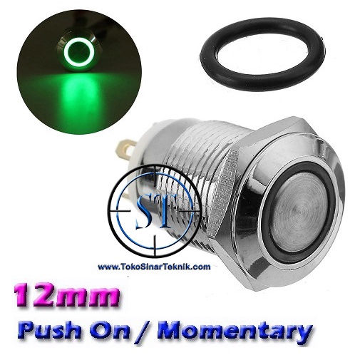 12mm Stainless Push Button HIJAU Momentary Horn Lampu Simbol O ( RING )  Metal Switch Waterproof