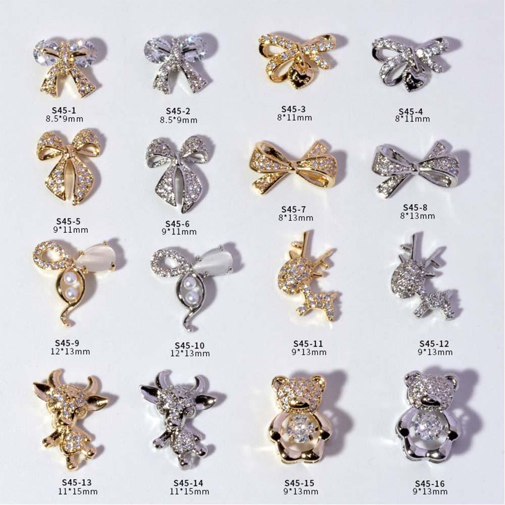 AUGUSTINA Agustina 3D Kuku Zirkon Mode Shiny Charms Bow Knot Beating Heart Bear Deer Nail Art Dekorasi