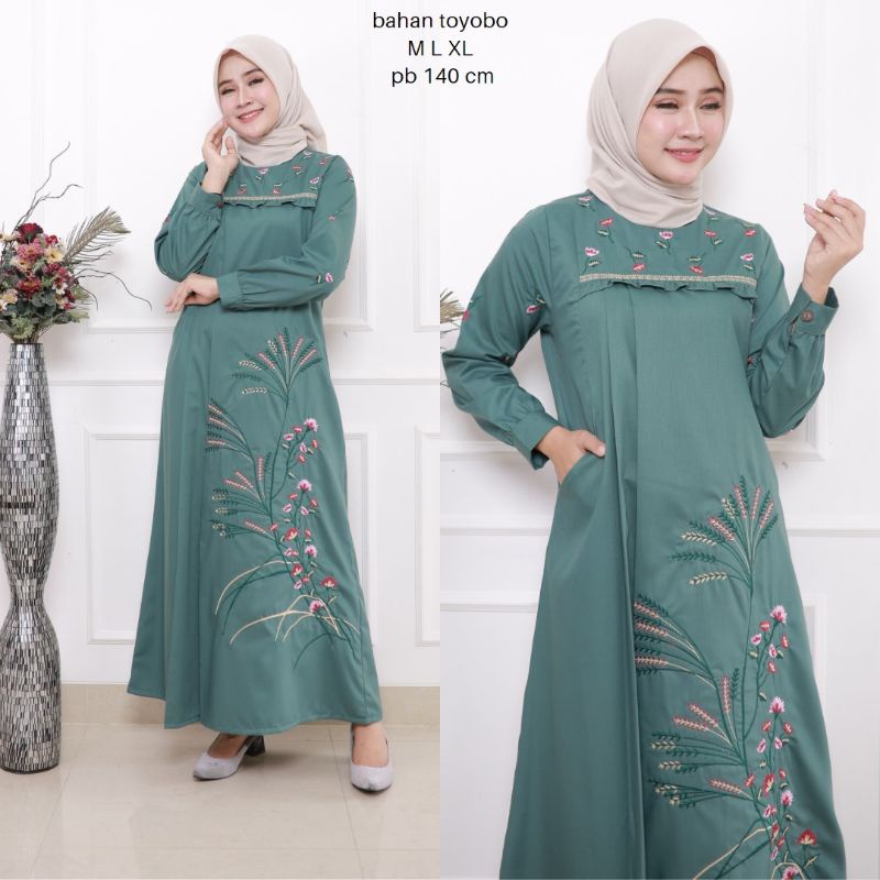 ZAJA - Baju Gamis Motif Bordir Bunga Padi Terbaru / Gamis Katun Toyobo Polos Bordir Mewah 2022 / Dress Muslim Katun Toyobo Bordir Kembang / Gamis Bordir Jumbo / Dress Big Size Bordir Cantik