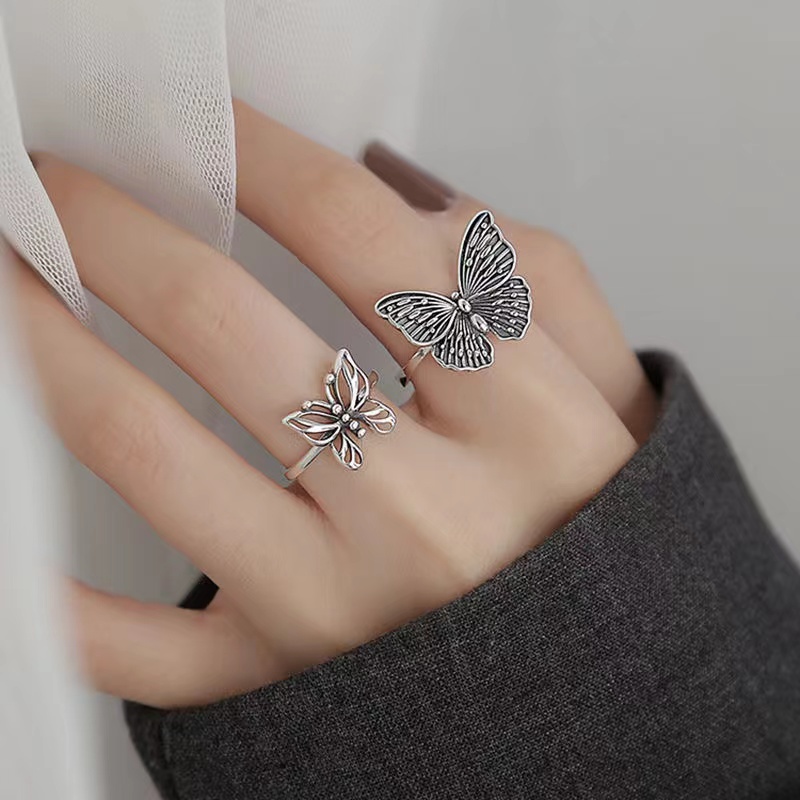 IFYOU 2pcs / set Cincin Model Butterfly Cutout Warna Silver Gaya Korea Untuk Wanita