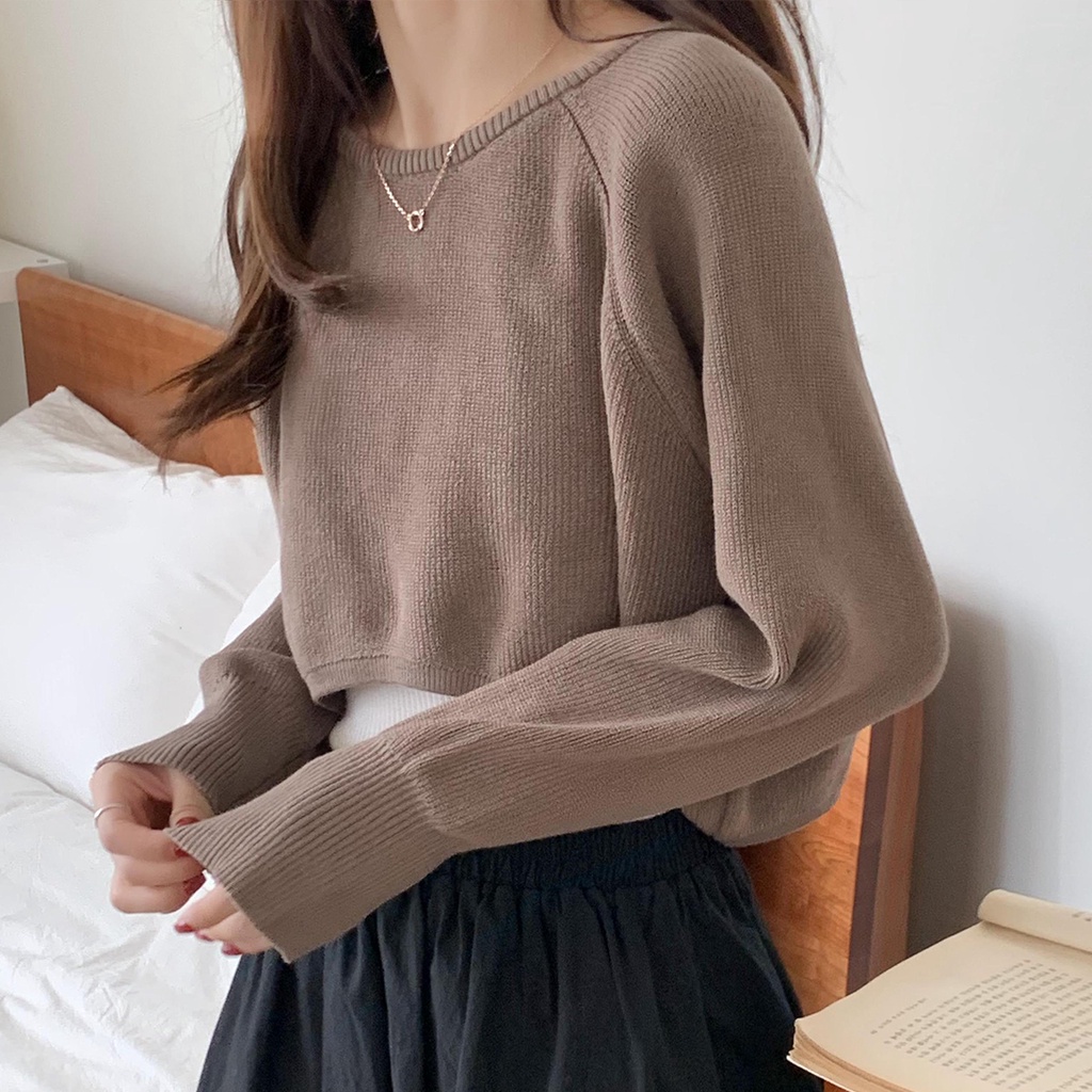 Kaos Rajut Lengan Panjang Wanita Korean Style Knit Crop Top Baju Sweater