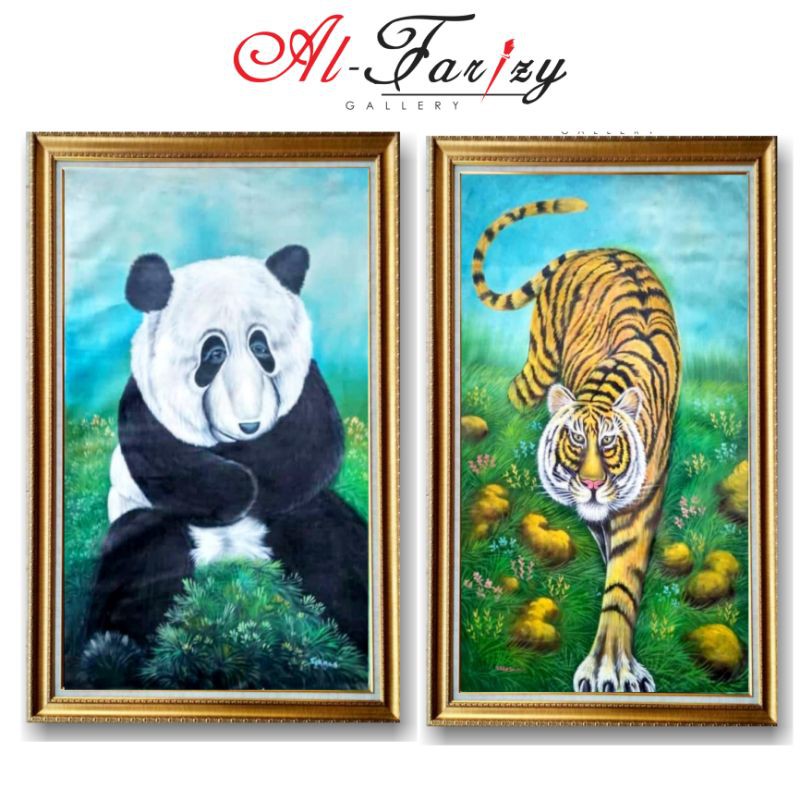 Lukisan Panda &amp; Harimau Unik Minimalis Kanvas Lengkap dengan frem Ukuran 60x90 cm