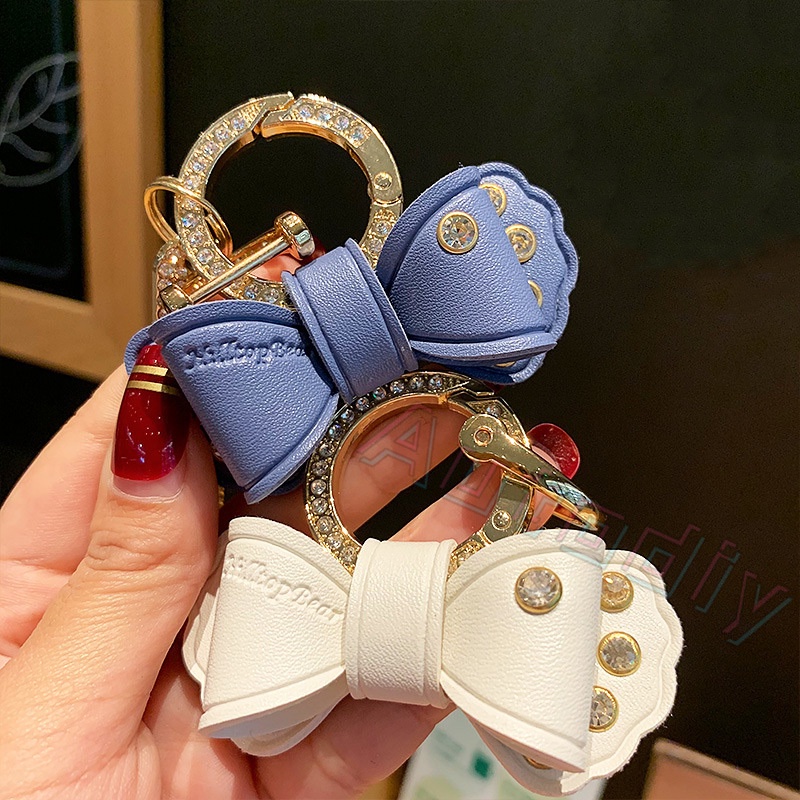 Lucu Wanita Kulit Kupu-Kupu Busur Gantungan Kunci Desain Mewah Kristal Ikatan Simpul Liontin Fashion Kristal Kunci Cincin Tas Mobil Styling Aksesori Hadiah Pacar