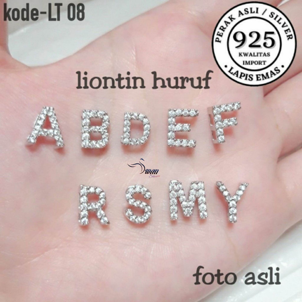 LIONTIN HURUF PERAK ASLI 925 LAPIS EMAS PUTIH ANTI KARAT KWALITAS IMPORT/BANDUL RANTAI/GANTUNGAN KAL