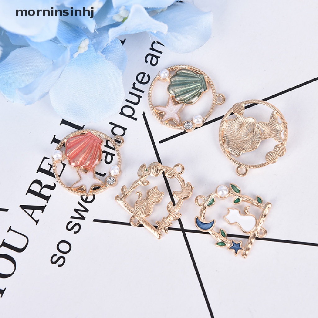 Mornin 10pcs / Set Liontin Enamel Bentuk Bintang Laut / Kerang / Mutiara Untuk Diy Craft / Perhiasan