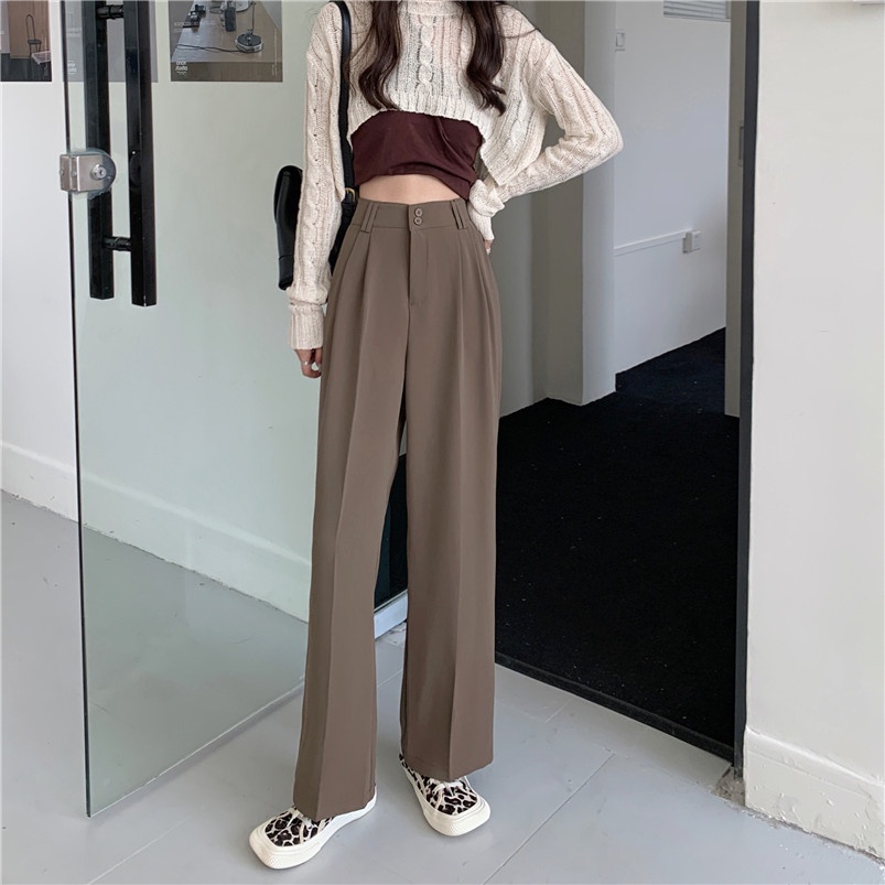 XIAOZHAINV Celana Setelan Longgar Lurus Warna Kopi Pinggang Tinggi Wanita Gaya Korea/Celana Kantor Formal