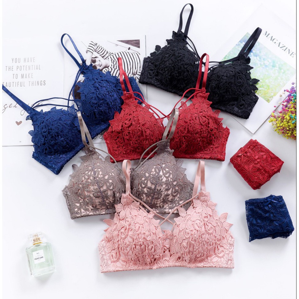 GO! BR400 Bra BH Set Push Up Tanpa Kawat Wanita Motif bunga tali silang cod (BRA SAJA)