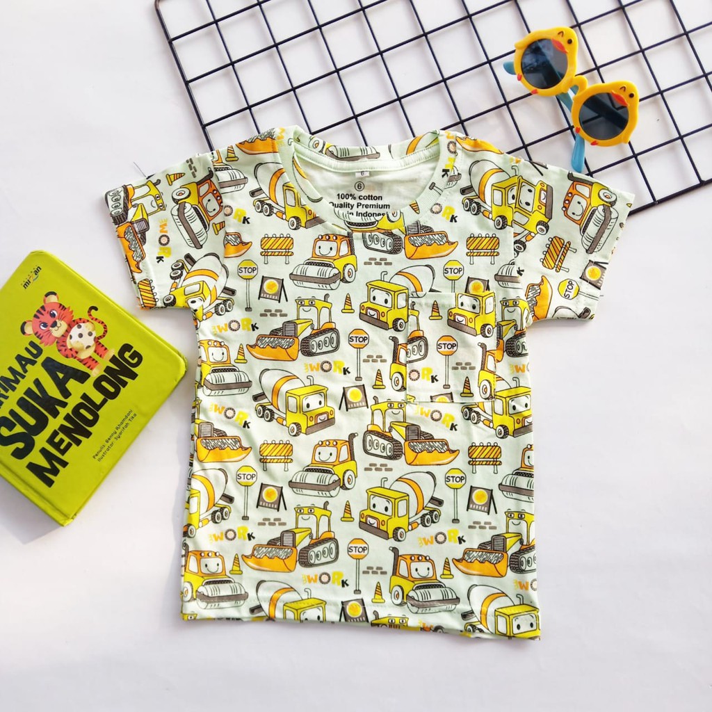BAJU ANAK  PRINT  TEE KAOS ANAK FULL PRINT  MOTIF BULLDOZER 