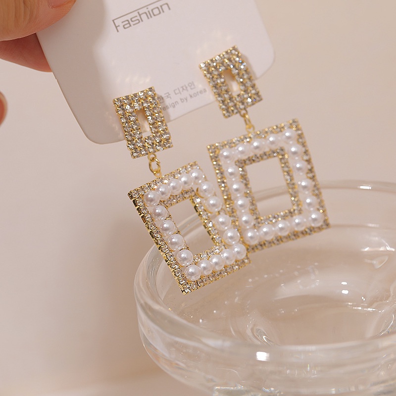 S925 murah hati anting-anting penuh Diamond Pearl rectangular berongga anting-anting-anting-anting y