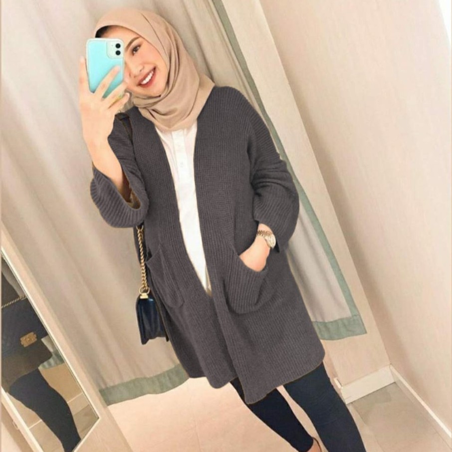 LONG CARDIGAN RAJUT TEBAL OVERSIZED MAGRA-ABU TUA