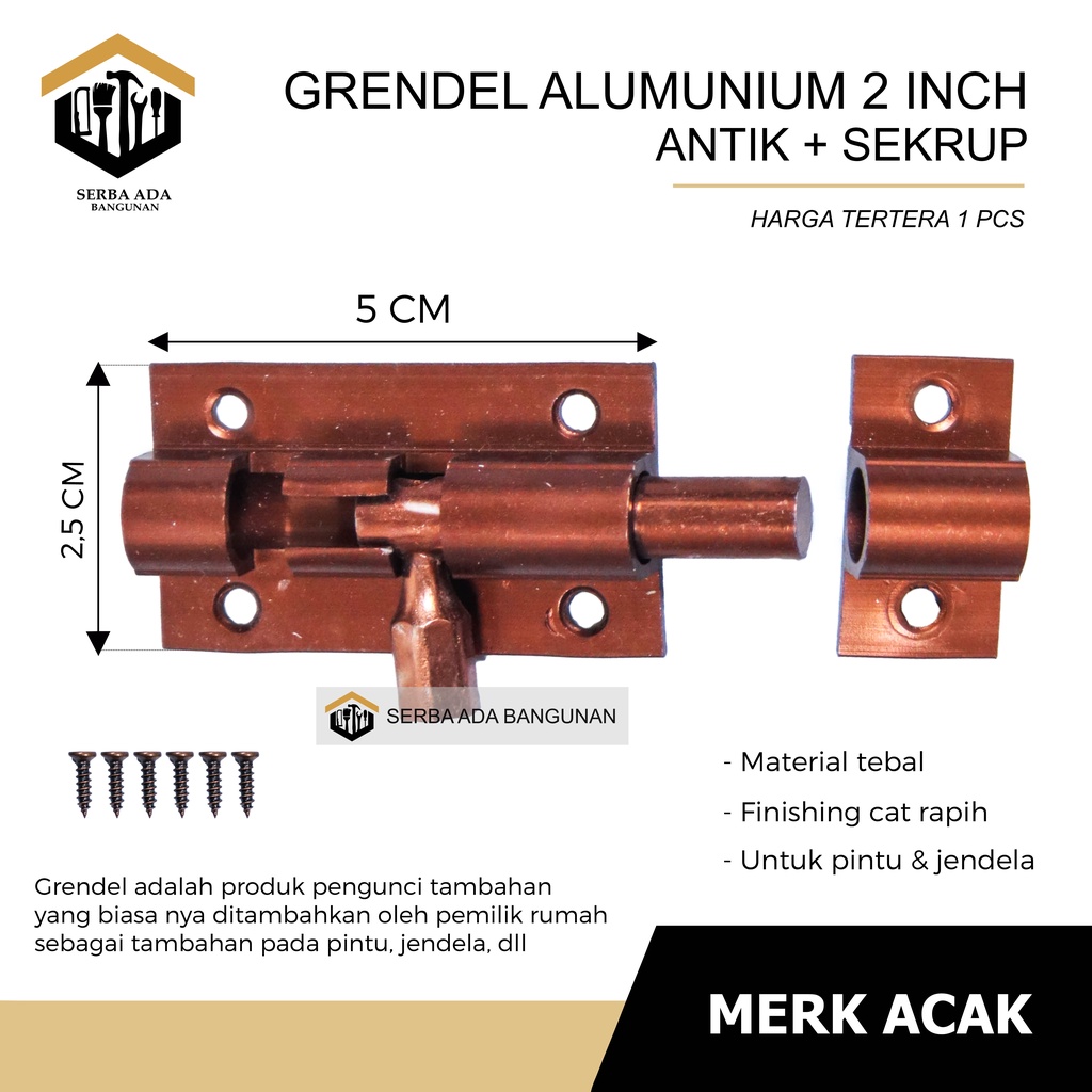 Grendel Aluminium (MERK : TOP ORIGINAL 100%) Slot Pintu Jendela 2 Inch / 6 cm I Selot Alumunium Tebal Skrup Baut