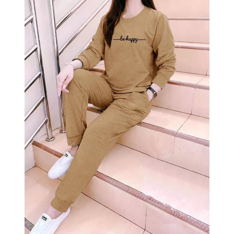 stelan be happy / satu set / baju + celana / baju senam / fashion wanita kekinian - alipio fashion