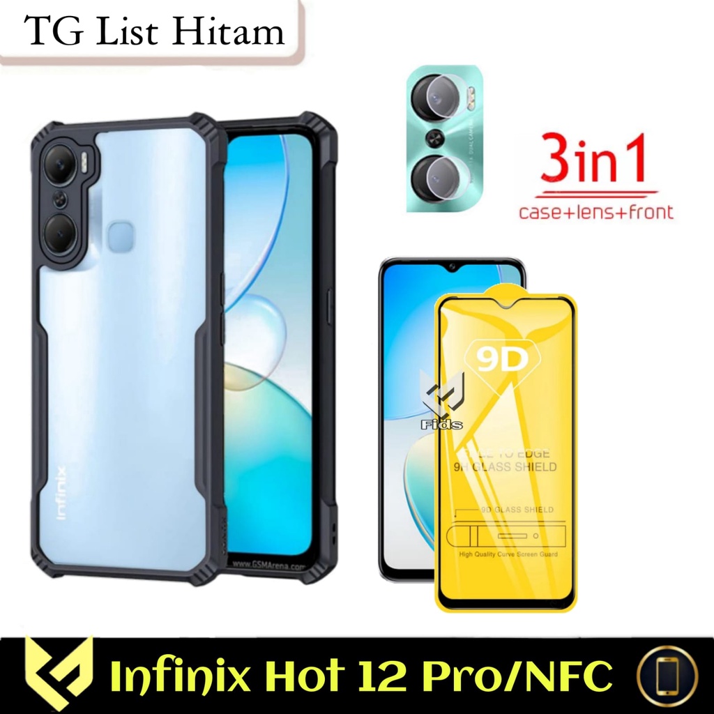 (PROMO PAKET) 3IN1 Case INFINIX HOT 12 PRO / NFC Soft Hard Fusion Shockprooft Free Tempered Glass Layar + Anti Gores Camera Belakang Handphone