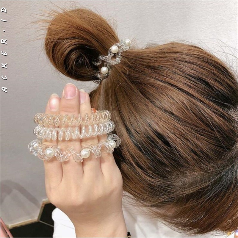 [ACKER] Gaya Korea Transparan Spiral Ikat Rambut Mutiara Rubber Band Untuk Wanita