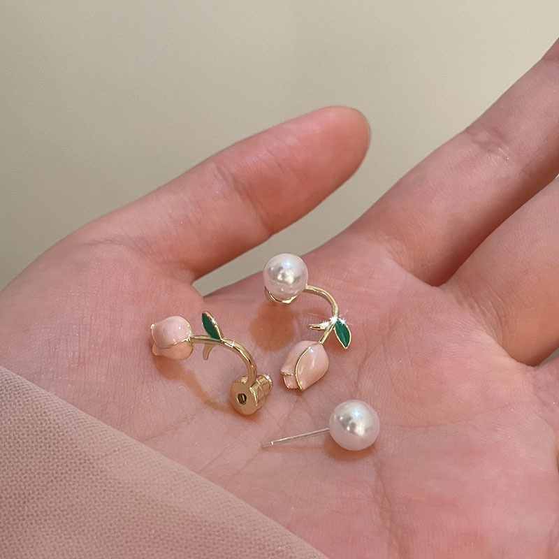 Papaozhu Korea Fashion Emas Mutiara Tulip Stud Anting Untuk Wanita Gadis Manis Pink Bunga Klip Anting-Anting s925 Perak Pertunangan Pernikahan Bunga Telinga Perhiasan