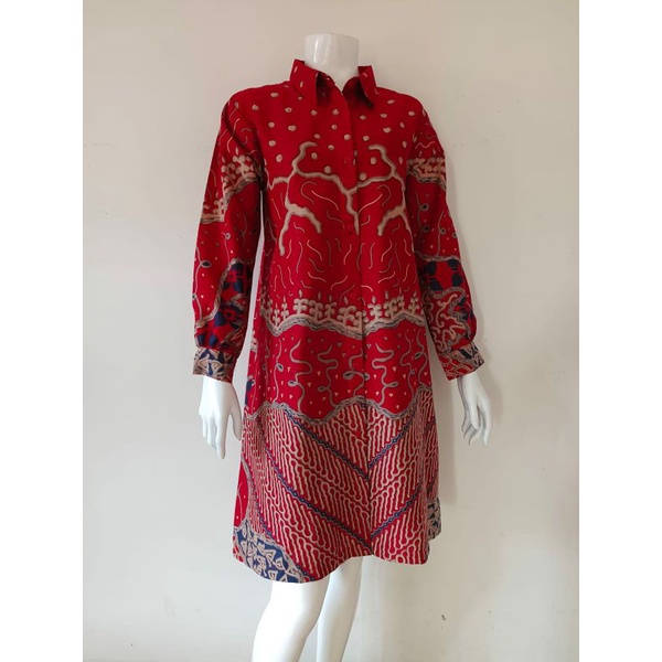 tunik batik wanita modern kancing depan warna merah