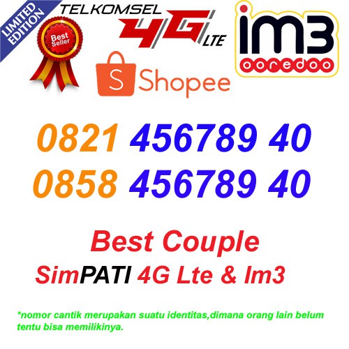 Telkomsel Simpati Indosat im3 Pasangan 0821 + 0858 456789 40 kartu perdana nomor cantik 4G Lte