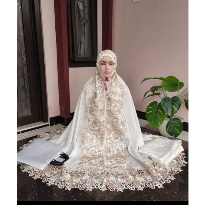 Mukena renda bordir tasik krem milo jumbo