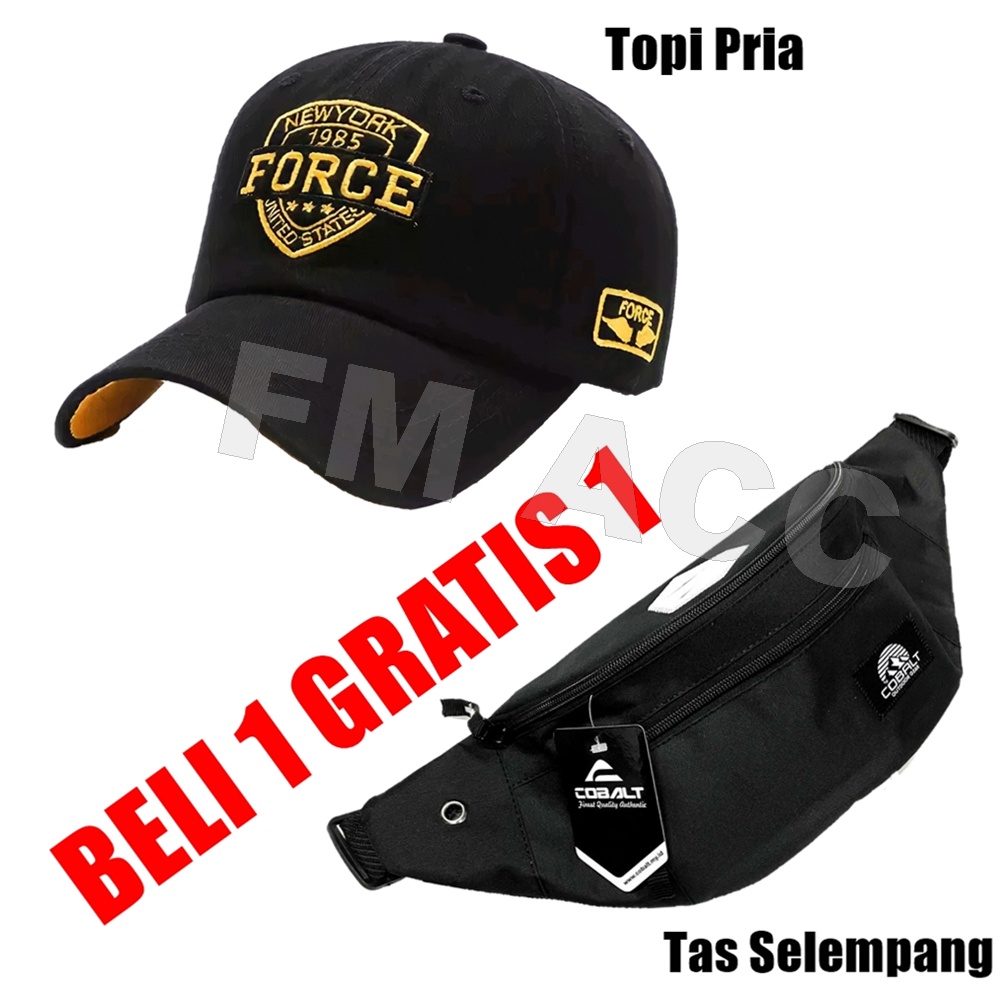 FASHION-Tas Waistbag Slempang-Selempang Free Topi Pria Force-Hitam