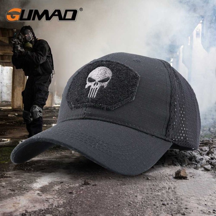 Topi Pria Topi Mesh Baseball tactical Army Look Cap Punisher Skull - 7RHZM5BK - Hitam(F9P4) Topi Dis