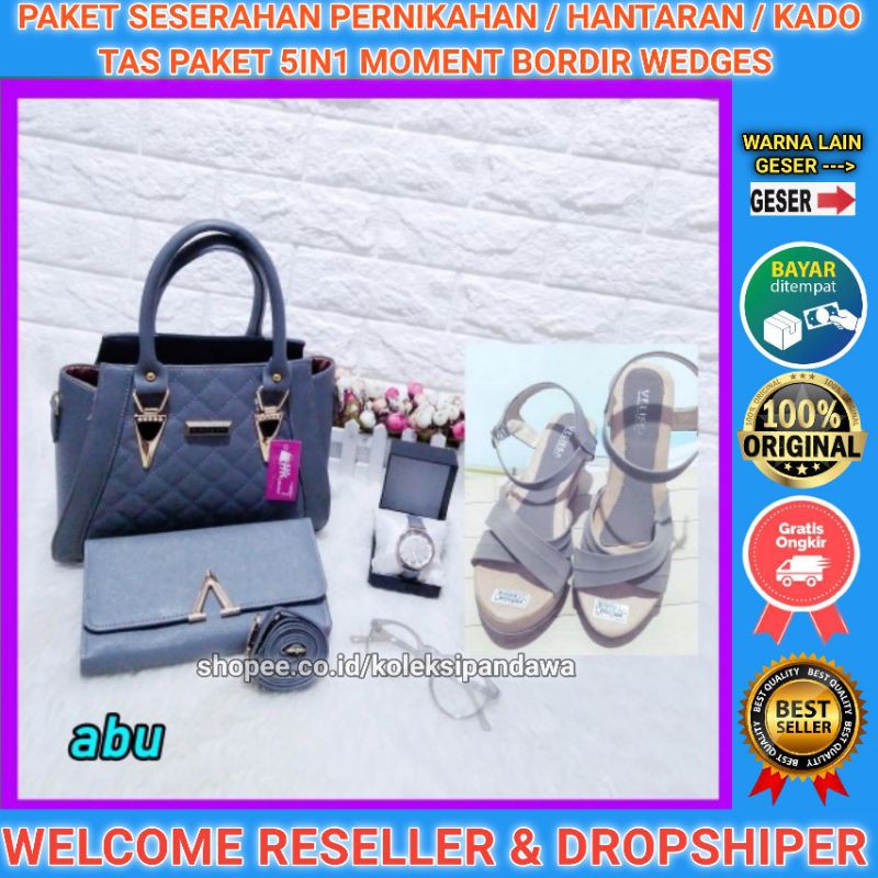 PAKET SESERAHAN PERNIKAHAN TAS PAKET JAM TANGAN DOMPET KACAMATA SANDAL WEDGES WANITA SENDAL WEDGES