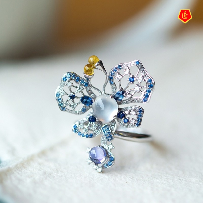 [Ready Stock]Women's Fashionable Elegant Emerald Sapphire Butterfly Ring