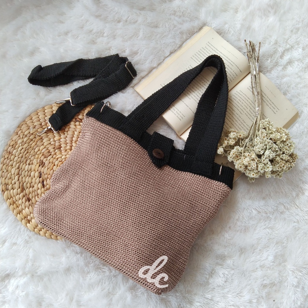 Tas selempang rajut kancing vintage / slingbag rajutan bandung / handbag 2 in 1 rajut / tas kerja wanita / tas ngajar muat banyak
