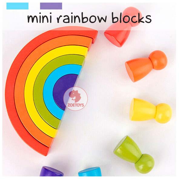 Zoetoys Montessori Mini Rainbow Blocks | Mainan Wooden Building Stacking with Pegdoll  Toy | Board Stack Balok Kayu Susun Pelangi Edukasi