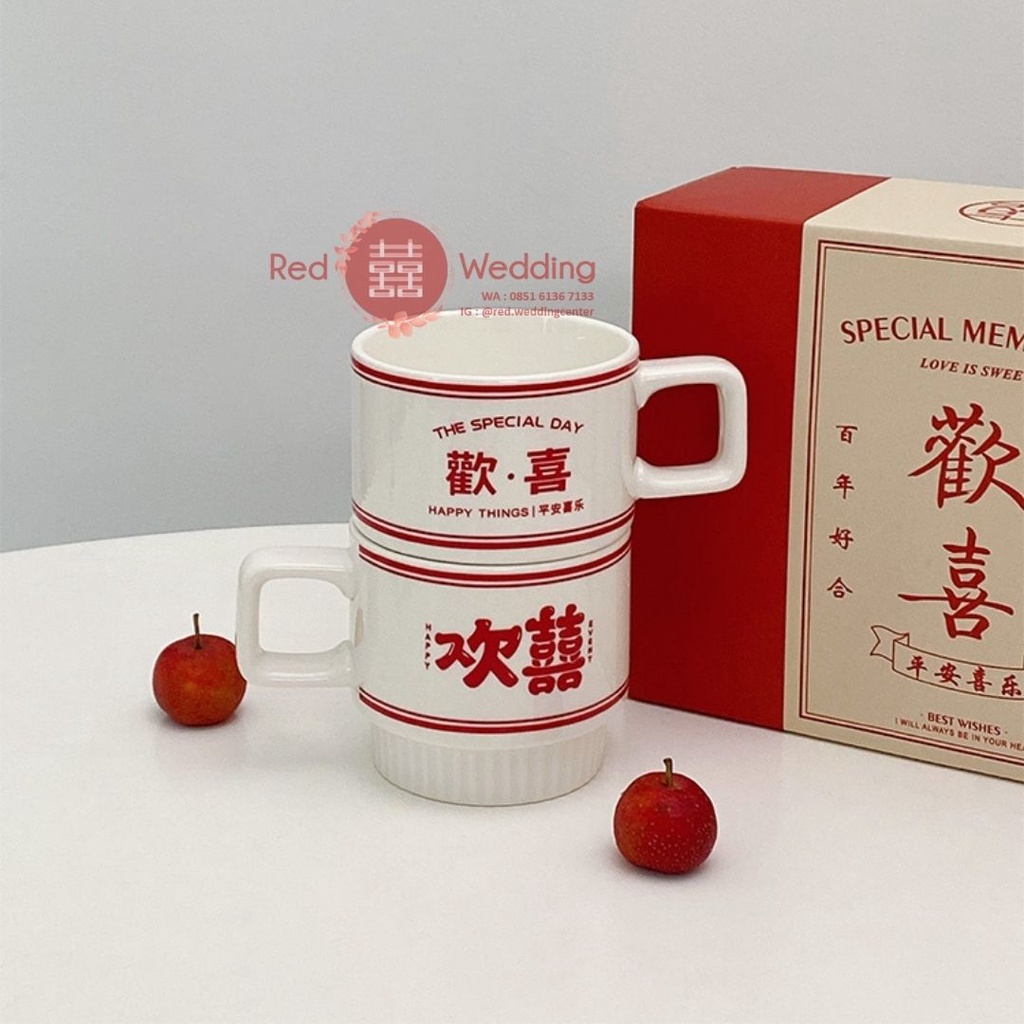 Gift Set Gelas Wedding Coffee Mug Bahan Keramik Putih Motif Shuang Xi Design Estetik Pengantin  dapat Gift Box Aesthetic