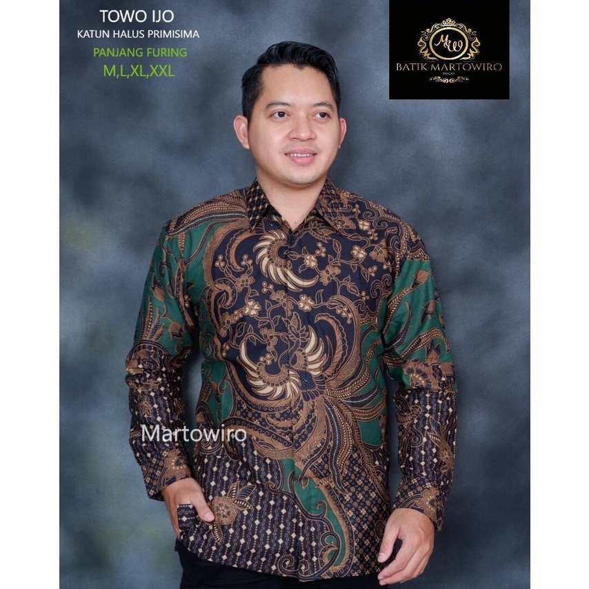 Batik lengan panjang warna hijau botol TOWOIJO / Kemeja batik pria terbaru 2022 lengan panjang warna hijau / baju batik kantoran terbaru / batik panjang terbaru ori solo