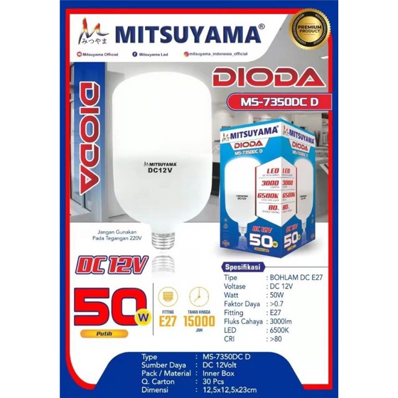 Lampu Bohlam LED Mitsuyama DC 12V 30W 40W 50W  E27 Putih Seri DIODA 30W-50W