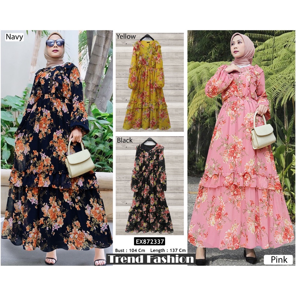 Gamis busui renda Salma rempel 3 susun motif bunga bahan ceruty lapis furing merk extu (574010)