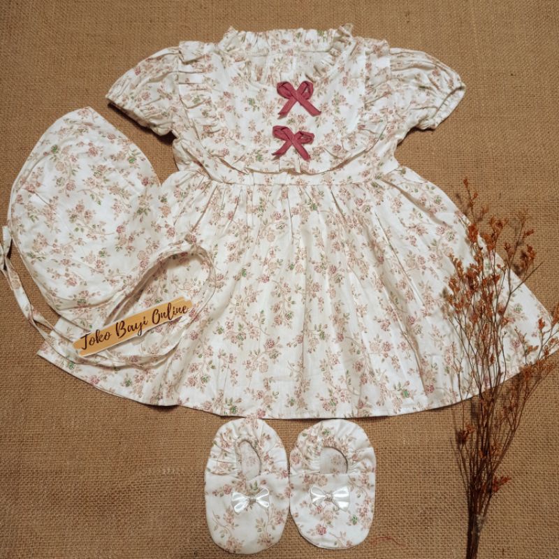 Dress bayi 0 6 12 bulan set sepatu bandana / bonnet Setelan Baju bayi Perempuan 100% Katun SNI Pakaian anak Cewek-0-6 bln hellen putih