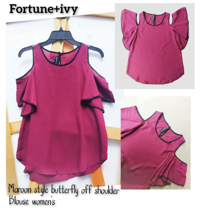 Fortune+ivy maroon style butterfly off shoulder blouse women