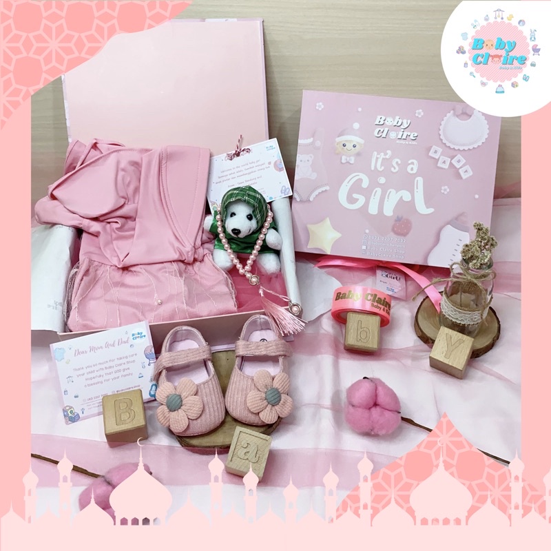 Hampers baby boy baju baju koko, gamis & hijab baby girl, kado lahiran bayi,hampers baby boy,hampers baby girl,kado aqiqah,parcel bayi, hampers lebaran, ulang tahun anak-Gamis hijab pink