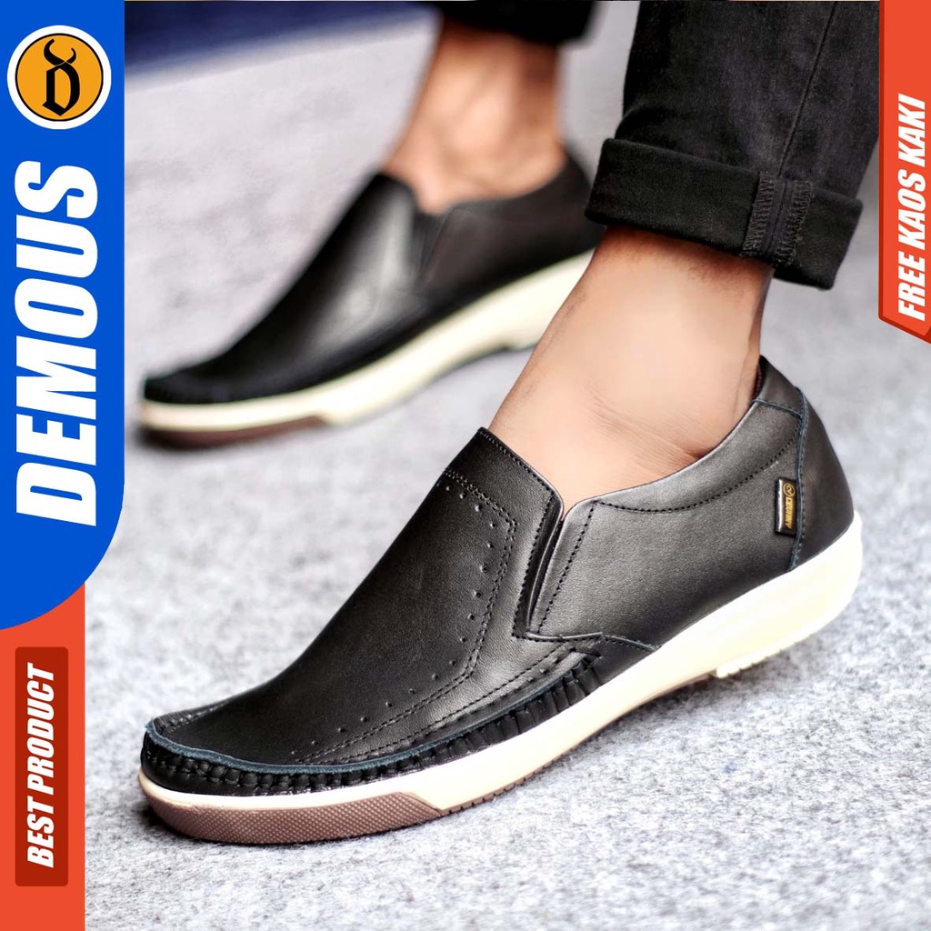 DEMOUS SANDRO Sepatu Casual Slip On Pria Kulit Asli Kerja Santai Murah Hitam