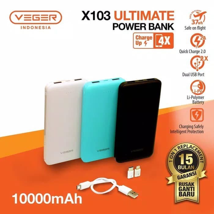 POWER BANK POWERBANK VEGER X103 10000 mAh Ultimate Slim Dual Usb Port