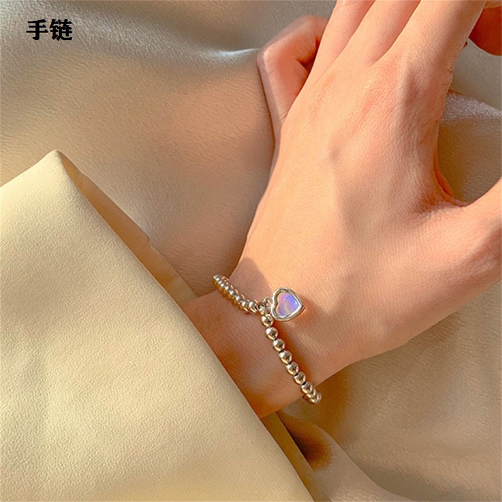 【COD Tangding】Kalung / Gelang / Cincin / Anting / Kalung Rantai Gaya Korea Aksen Batu Bulan + Hati Untuk Perhiasan Wanita