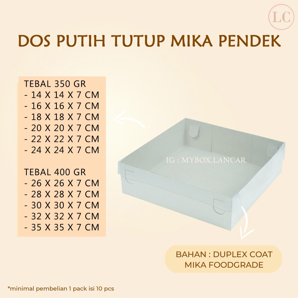 

ECER(10 LEMBAR) BOX KOTAK NASI ROTI KUE SNACK CAKE HAMPERS DOS DUS KATERING PUTIH PENDEK TUTUP MIKA