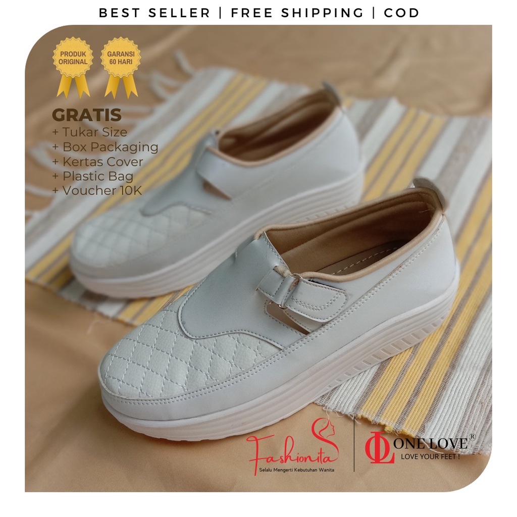 One Love Sepatu Wedges Wanita Warna Putih Polos Wadges Branded Original Untuk Kerja Formal Atau Sant