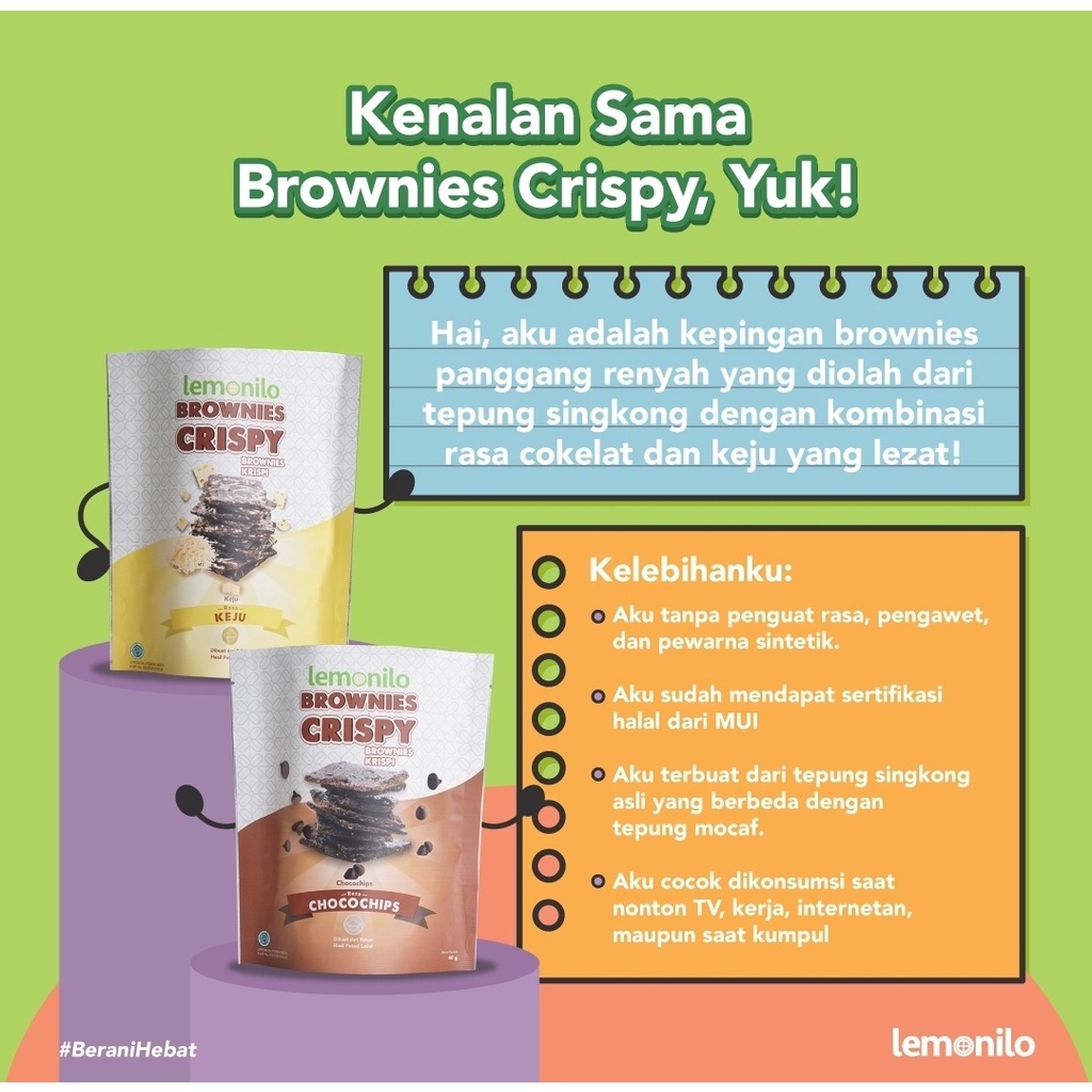 LEMONILO Brownies Crispy - Chocochips Keju - Cemilan Diet Sehat - Lemonilo Bronis Coklat - Lemonilo Brownie Cheese