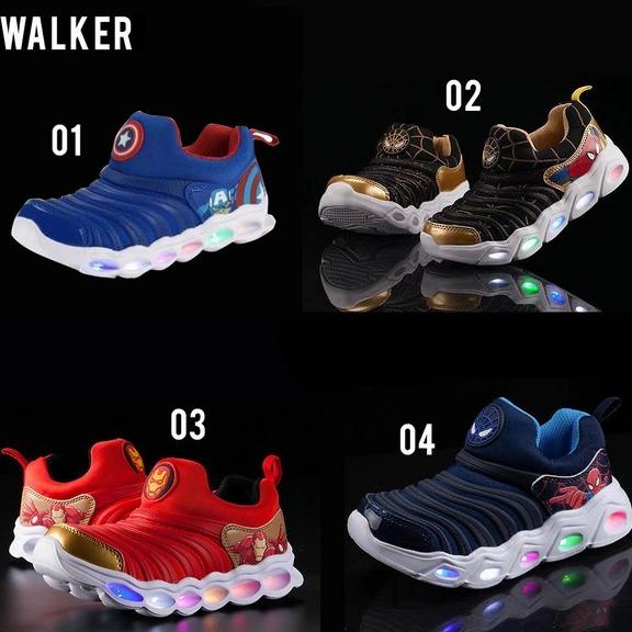 LKM208 Sepatu Sneaker Anak Laki Lampu LED Spiderman Ironman Captain