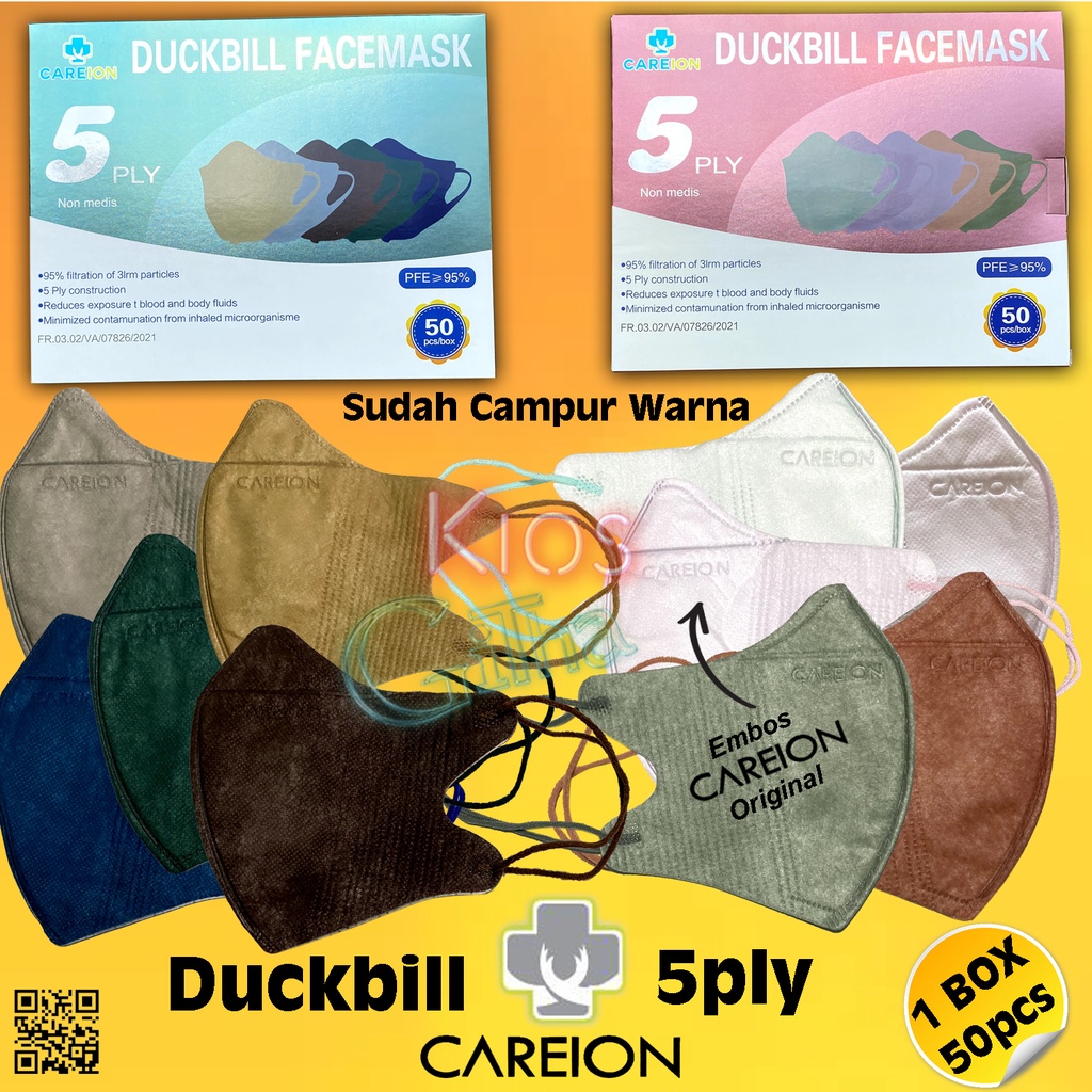 [ CAREION ] Duckbill 5Ply Masker Mix Warna Premium Isi 50 Pcs Kemenkes AKD