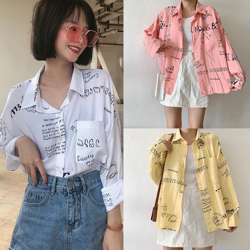  Lisa  Ins Kemeja  Lengan Panjang Motif Print Grafiti untuk 