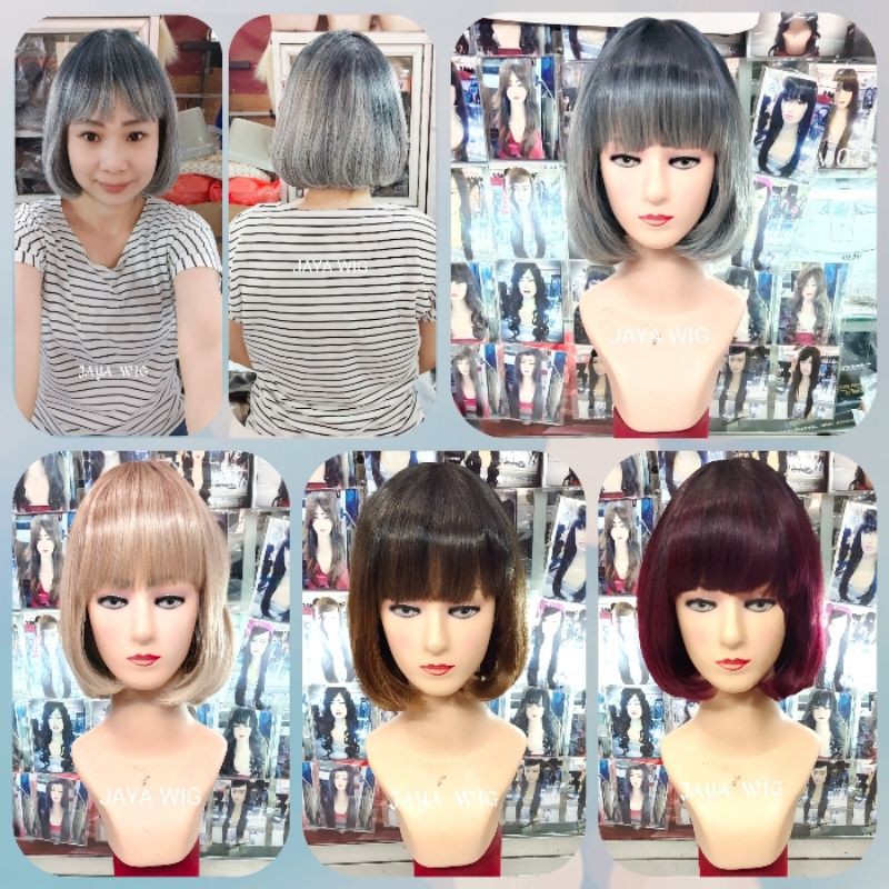 Wig Bob Pendek Rambut Palsu Wanita Model Bob Sedagu Poni Depan Halus Lembut Seperti Rambut Asli